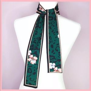 Skinny Green Flower Leopard Print Silk Scarf / Bag ribbon, head, neck scarf NEW